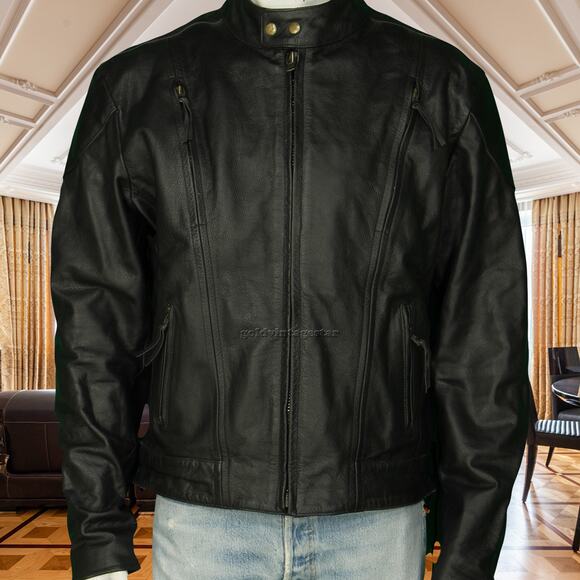 Himalaya Motor Bikewear Black Motorcycle Biker Vented Heavy Leather Jacket XL - Picture 2 of 12